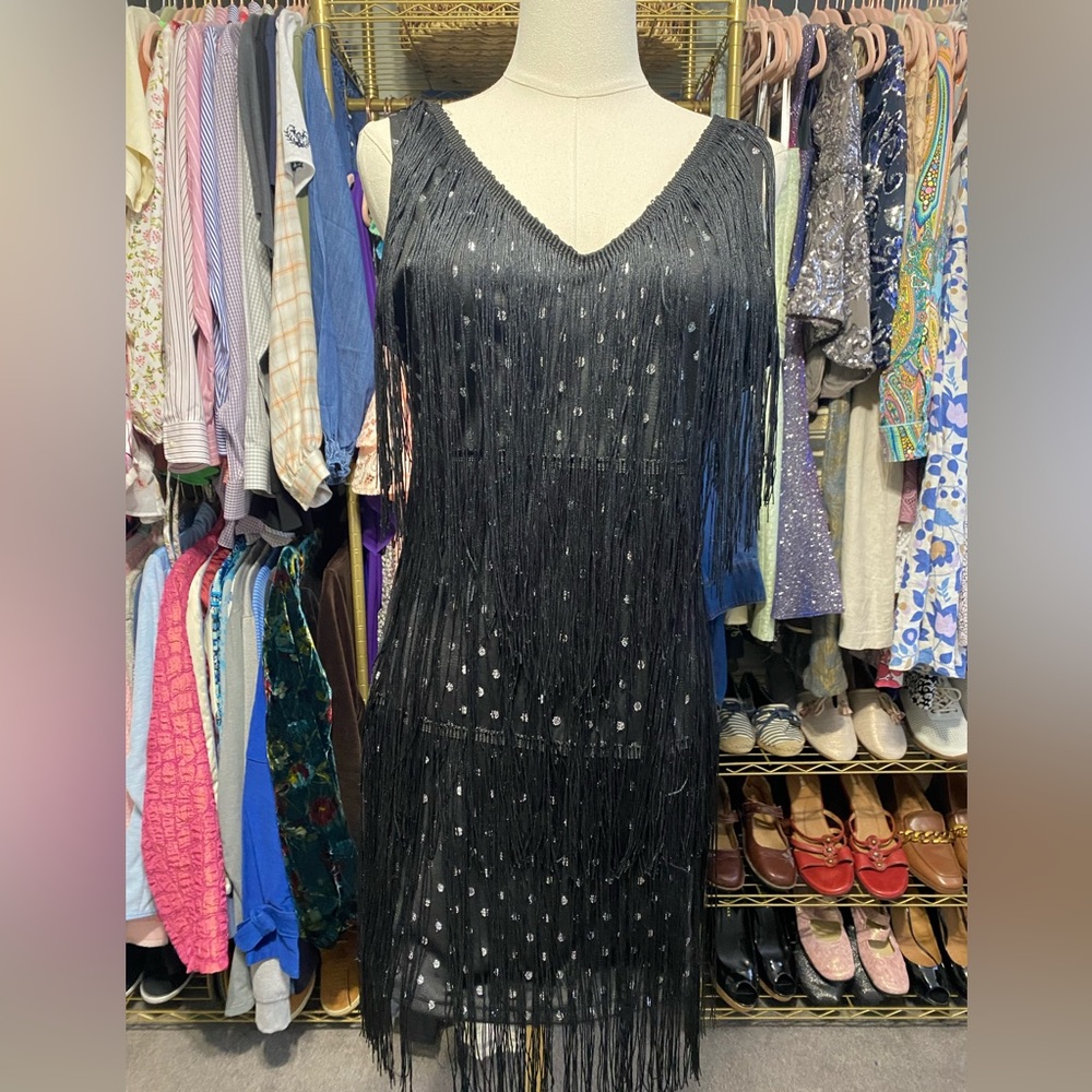 Cuase Black Silver Fringe Sequin Polka Dot Flapper Dress Size Large